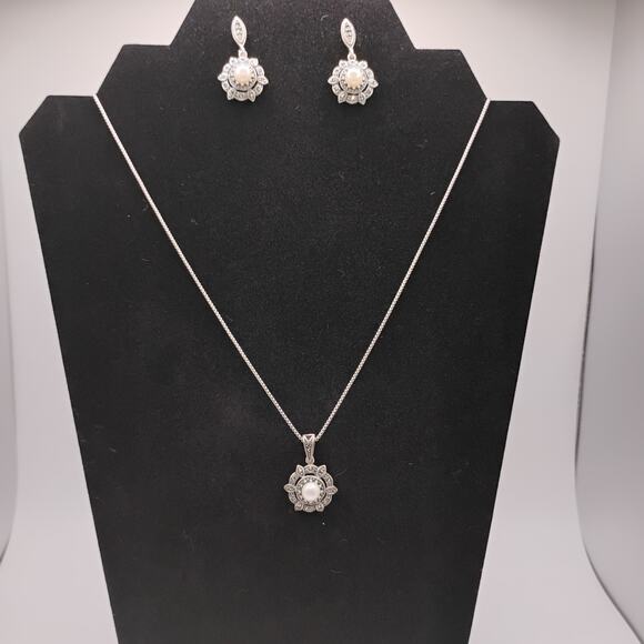 Marcasite and Faux Pearl Pendant and Earring Set. - Picture 1 of 5